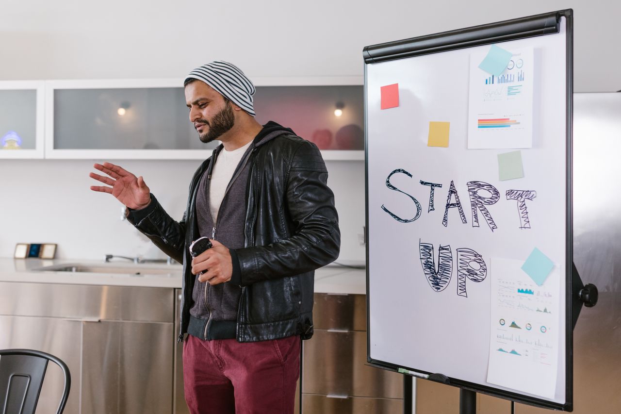 about-01 A bearded man presenting a startup business plan indoors using a whiteboard.